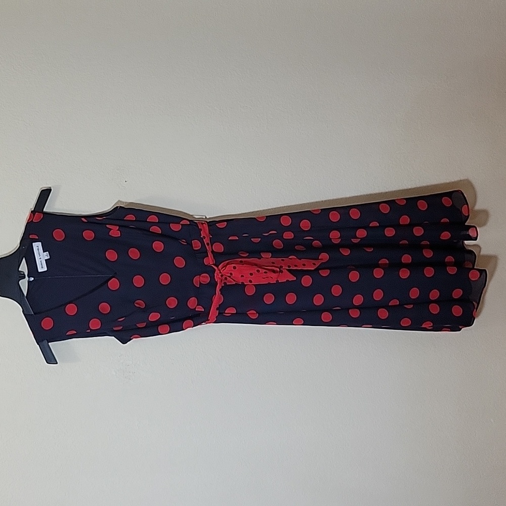 Gently Used Navy Blue and Red Polka-dot Sleeveless Dress with Tie Up
